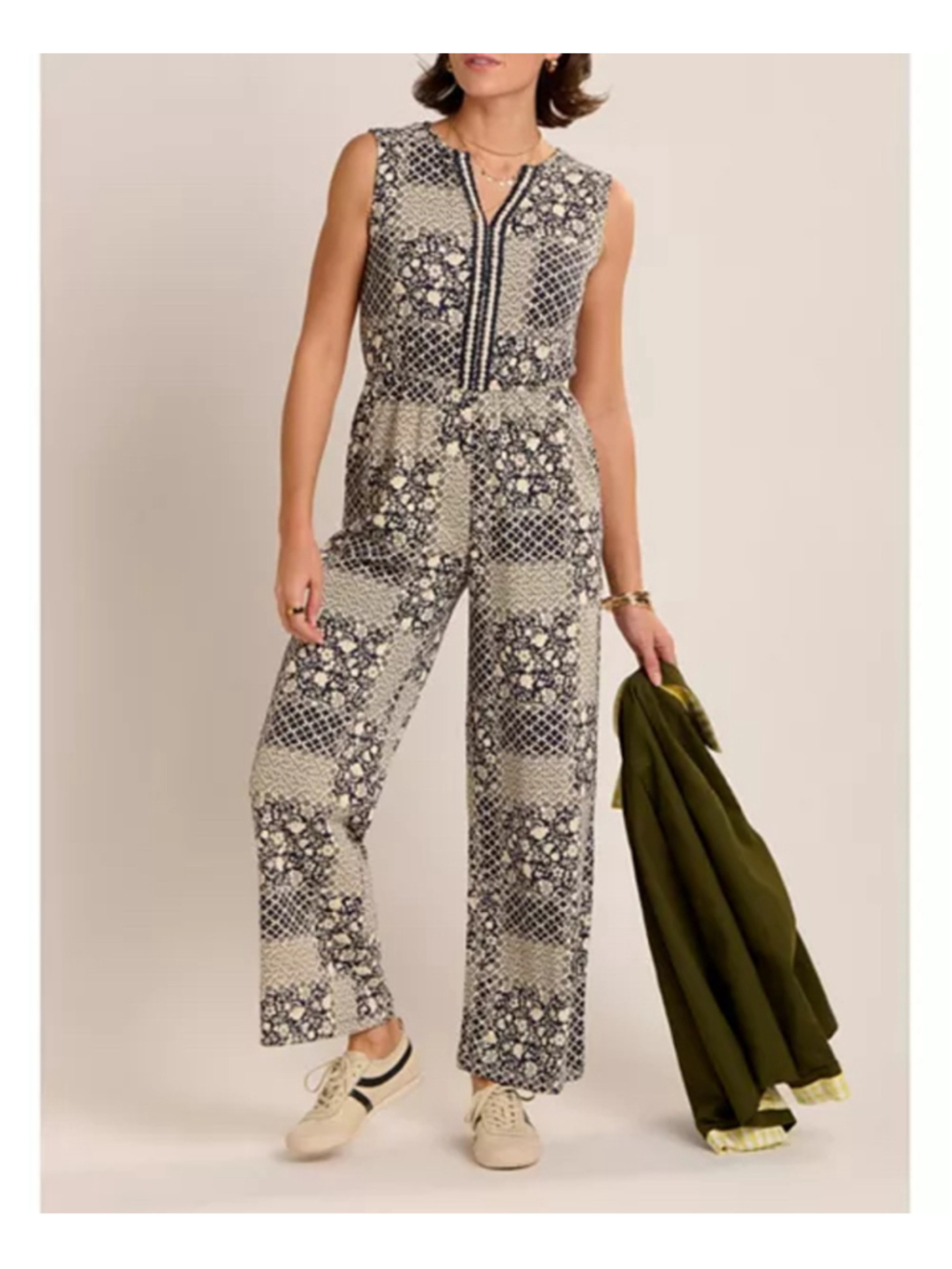 Women's Brakeburn Jumpsuit Size 16 Black Beige Patterned Sleeveless - Picture 1 of 14